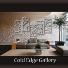 Modern living room with white textured wall art, grey sofa, wooden and grey coffee tables with a potted plant, and large windows with two tall plants. Text below reads "Cold Edge Gallery.