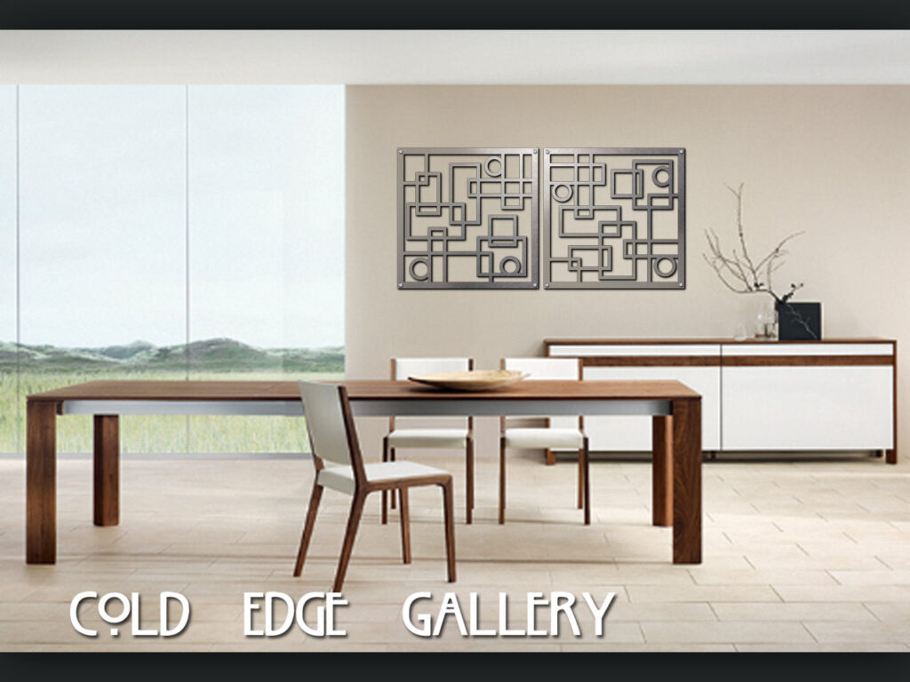 Modern dining area featuring a wooden table, white chairs, and abstract wall art. Natural light floods the space.