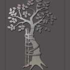 Metal tree sculpture with leaves, wrapped around a post, displayed in Cold Edge Gallery.