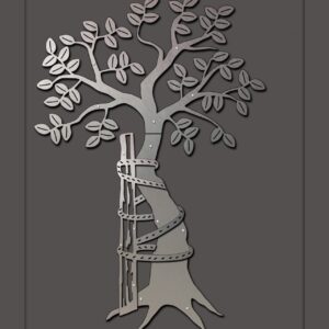 Metal tree sculpture with leaves, wrapped around a post, displayed in Cold Edge Gallery.