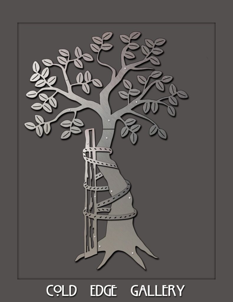 Metal tree sculpture with leaves, wrapped around a post, displayed in Cold Edge Gallery.