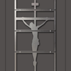 Minimalist artwork depicting a crucifixion scene made of rectangular metal bars, displayed at Cold Edge Gallery.