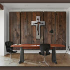 An office space with a wooden desk and two chairs. A metal cross decor is displayed on a wooden panel wall. A floor lamp is on the right. The words "Cold Edge Gallery" are on the side.