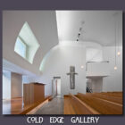 Interior of a modern church with white walls, wooden pews, and a large cross on the wall. The design includes high ceilings and minimalistic lighting fixtures. Text "COLD EDGE GALLERY" displayed below.