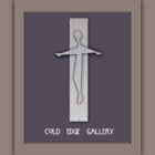 A minimalist metallic sculpture of a human figure mounted on a vertical rectangular plank with the text "Cold Edge Gallery" beneath it on a grey background.