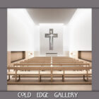 A minimalist chapel interior with wooden pews facing a modern cross design on the wall and "Cold Edge Gallery" text at the bottom.