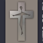 Metal cross artwork with stylized human cutout, mounted on a gray background. "COLD EDGE GALLERY" is written vertically on the right side.