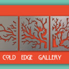 Three metal panels with tree branch cutouts on an orange background, labeled "Cold Edge Gallery" in stylized text at the bottom.