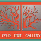 Two metal panels with tree branch cutouts are displayed on an orange background. Below them, the text "COLD EDGE GALLERY" is written in a stylized font.
