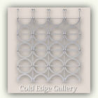 Patterns of interlocking silver circles forming a rectangular metal grid against a light background with "Cold Edge Gallery" written at the bottom.