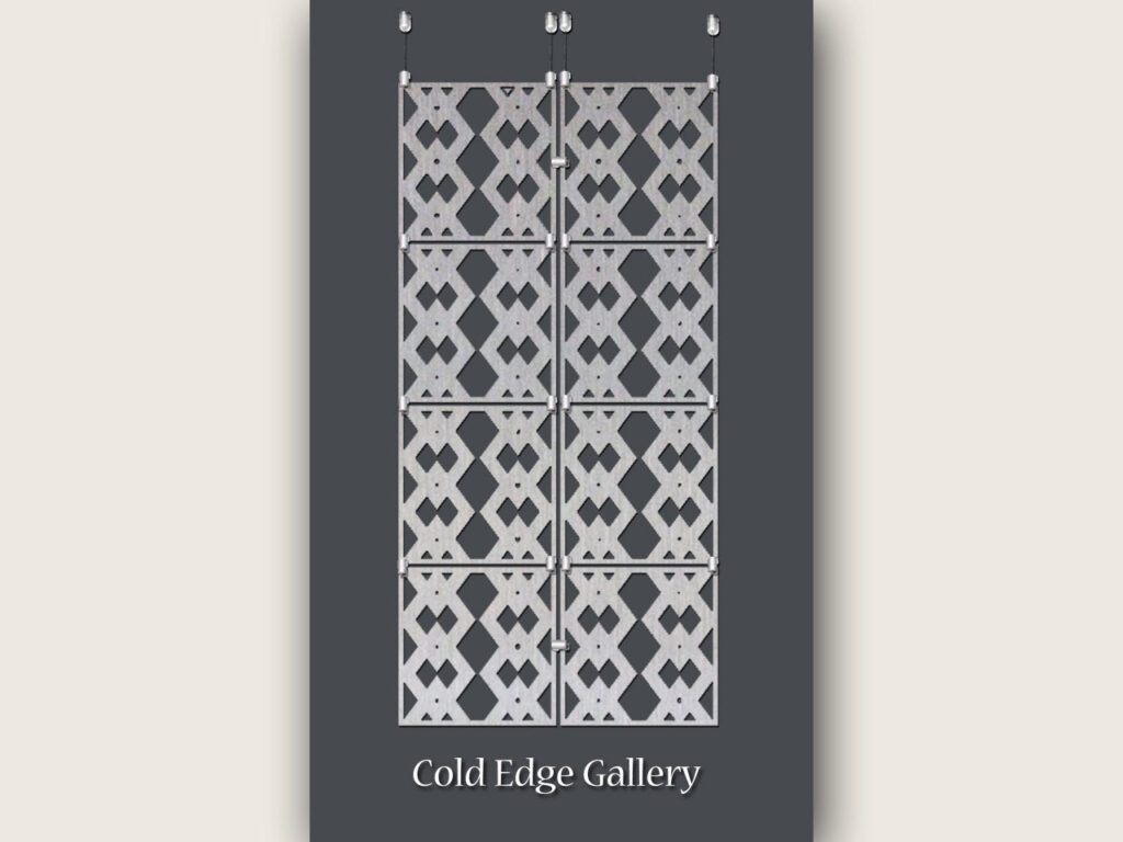 Decorative metal screen with diamond patterns, labeled "Cold Edge Gallery" at the bottom.
