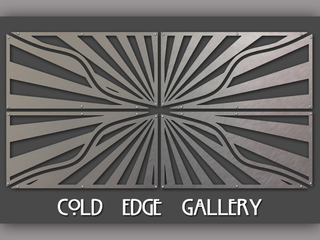 Metal panel artwork with radiating lines, featuring the text "COLD EDGE GALLERY" below.
