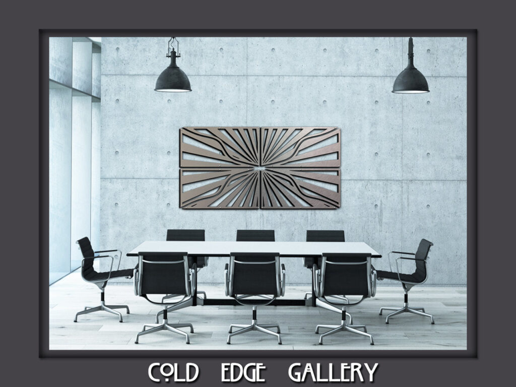 Modern conference room with a large table, black chairs, and a decorative wall art piece.