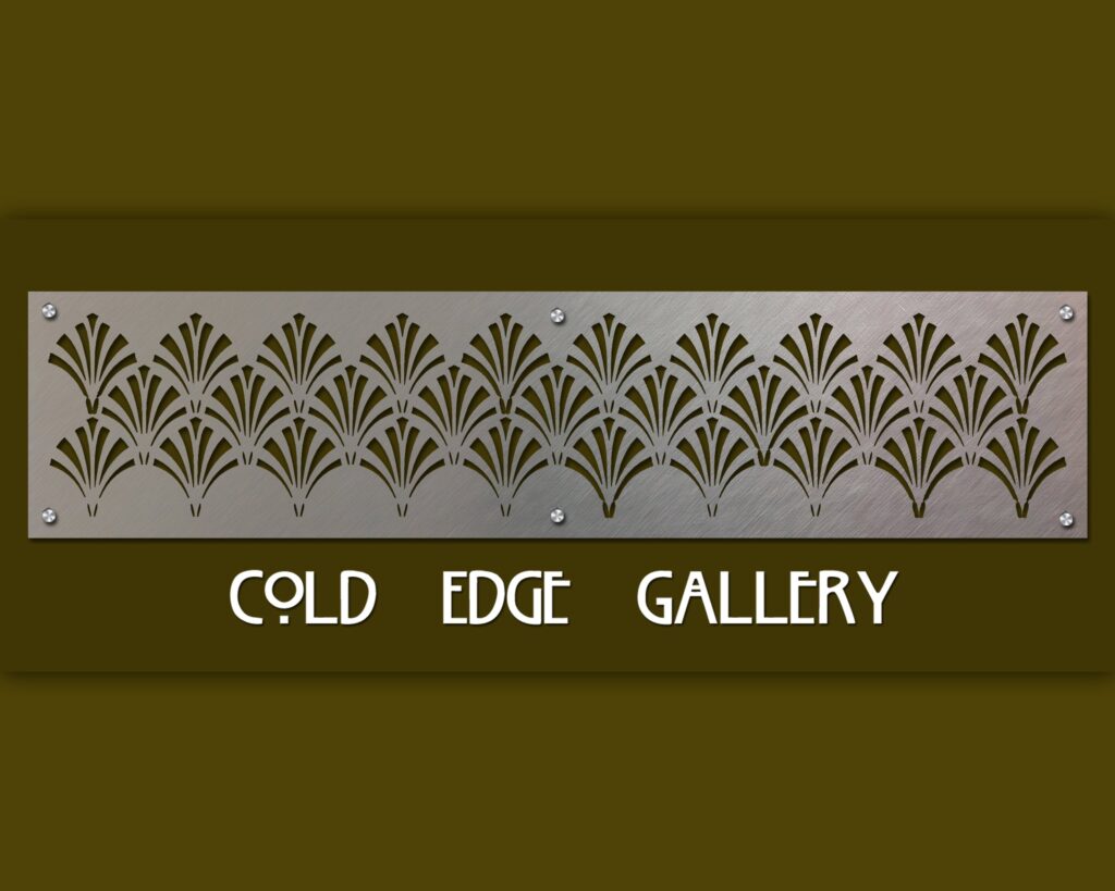 Metal sign with decorative cutouts, displaying "COLD EDGE GALLERY" in bold letters.