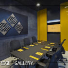 A modern conference room with a large table, yellow chairs, custom geometric wall art, and the text "Cold Edge Gallery" at the bottom left corner.