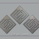 Three metal square panels with maze-like designs arranged in a diagonal line on a gray background. Text at the bottom reads "COLD EDGE GALLERY.