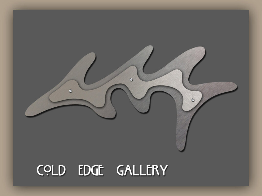 Abstract metal sculpture with smooth curves and silver tones, displayed against a dark background. Text reads "COLD EDGE GALLERY.
