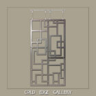 A rectangular metal wall art piece featuring a geometric pattern of interlocking squares and rectangles is displayed on a beige background with the text "COLD EDGE GALLERY" beneath it.