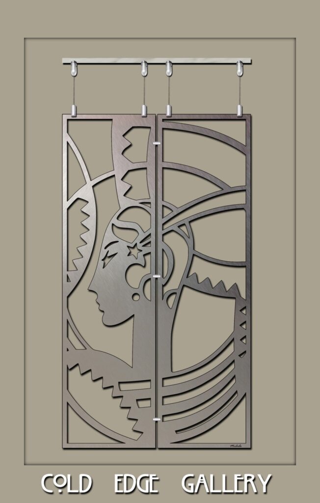 Metal artwork features a stylized female profile with abstract designs, displayed at Cold Edge Gallery.