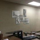 X-ray displays of bones and joints mounted on a wall near a desk with a computer and phone.