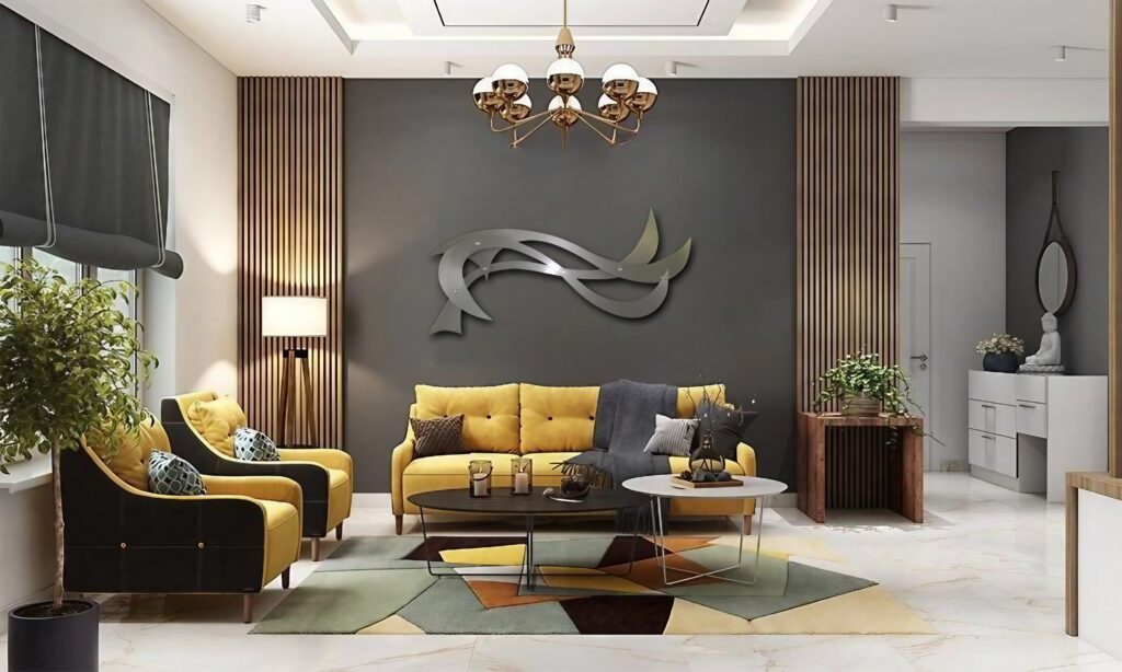 Contemporary living room with yellow sofa, patterned chairs, abstract wall art, and decorative plants.