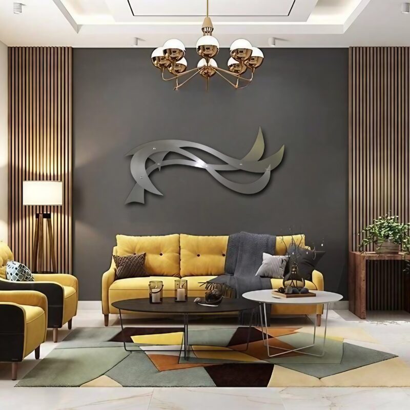 Contemporary living room with yellow sofa, patterned chairs, abstract wall art, and decorative plants.