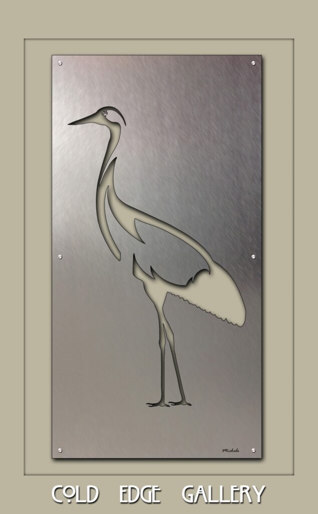 Metal artwork of a crane, displayed on a brushed silver background, with "Cold Edge Gallery" text below.
