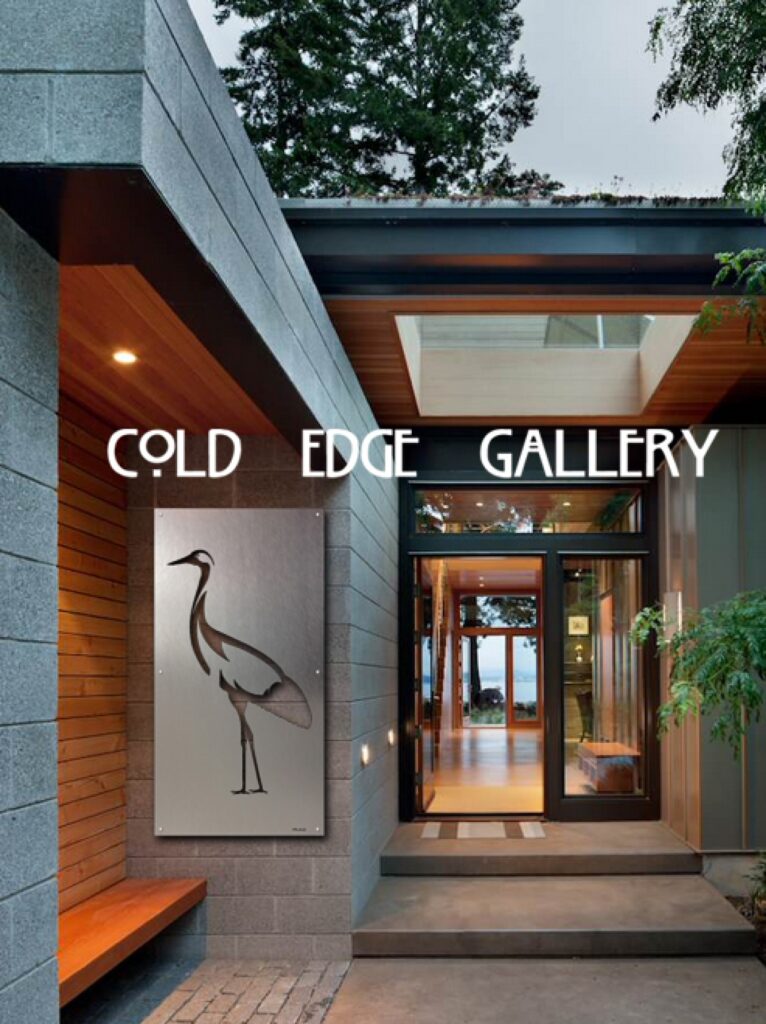 Modern gallery entrance featuring a metal heron sculpture and wooden accents.