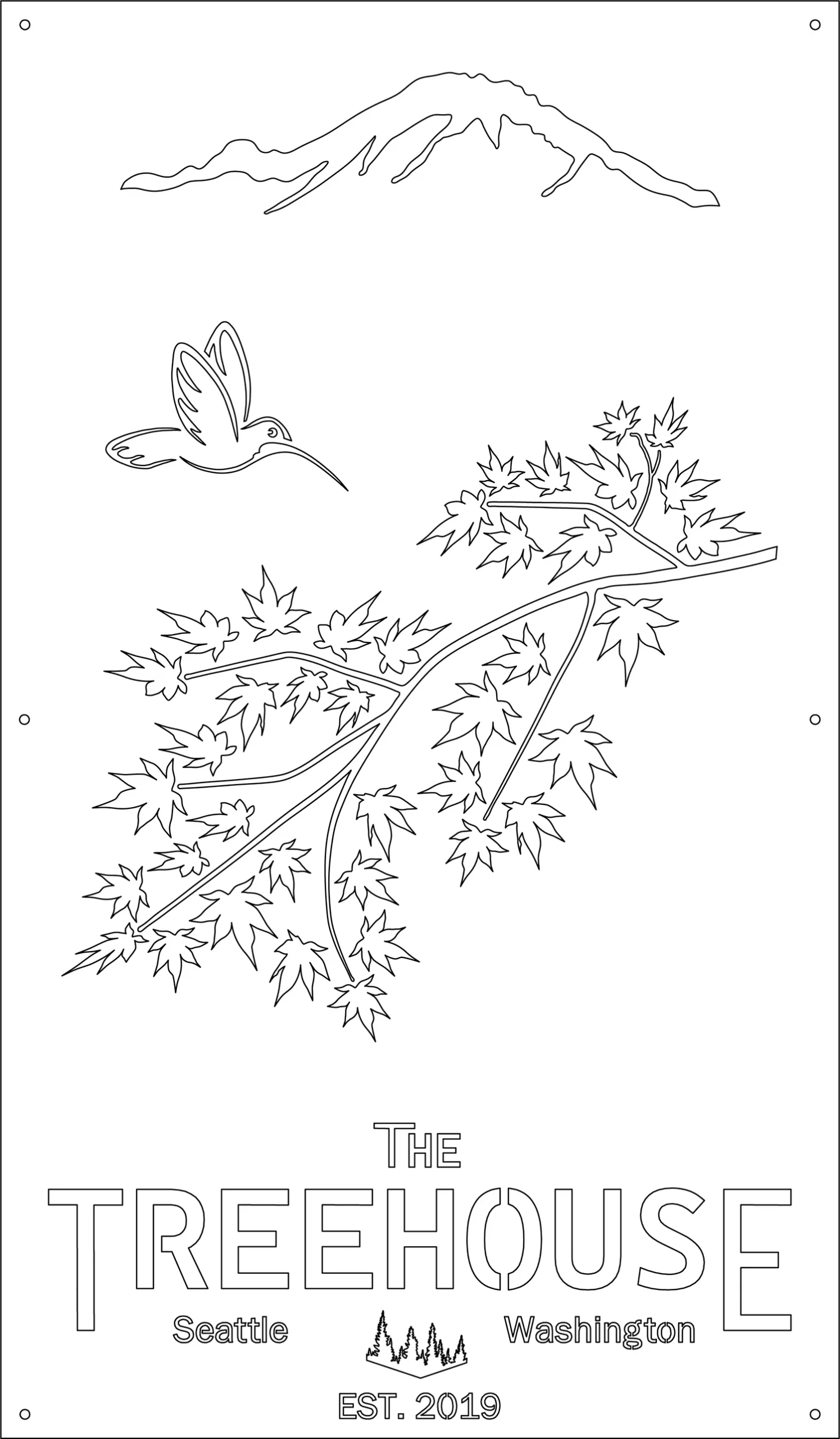 Hummingbird near a maple branch, with a mountain and "The Treehouse" text below. Seattle, Washington, established 2019.