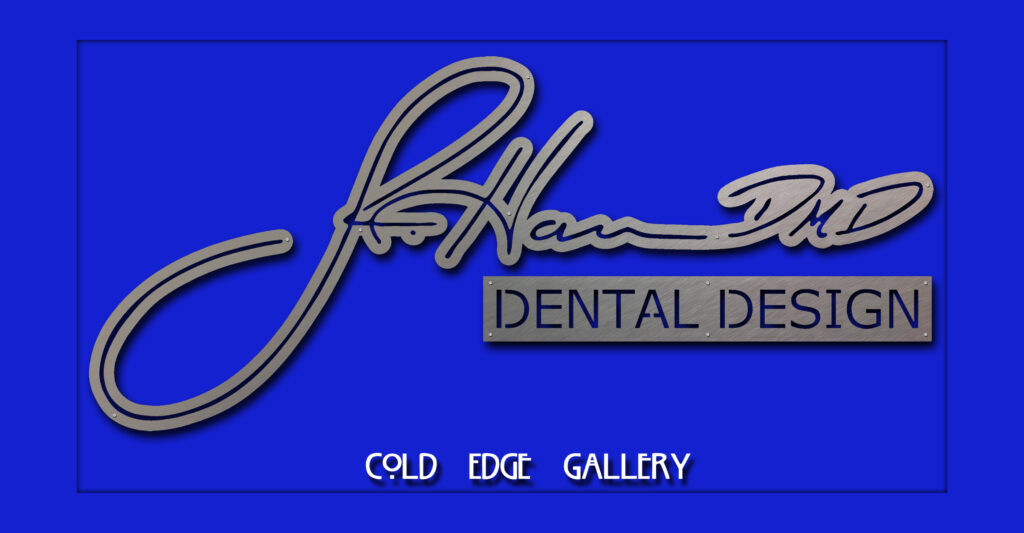 custom-sign-for-dentists-office-6 Sign for a dental office featuring stylized text and a blue background.