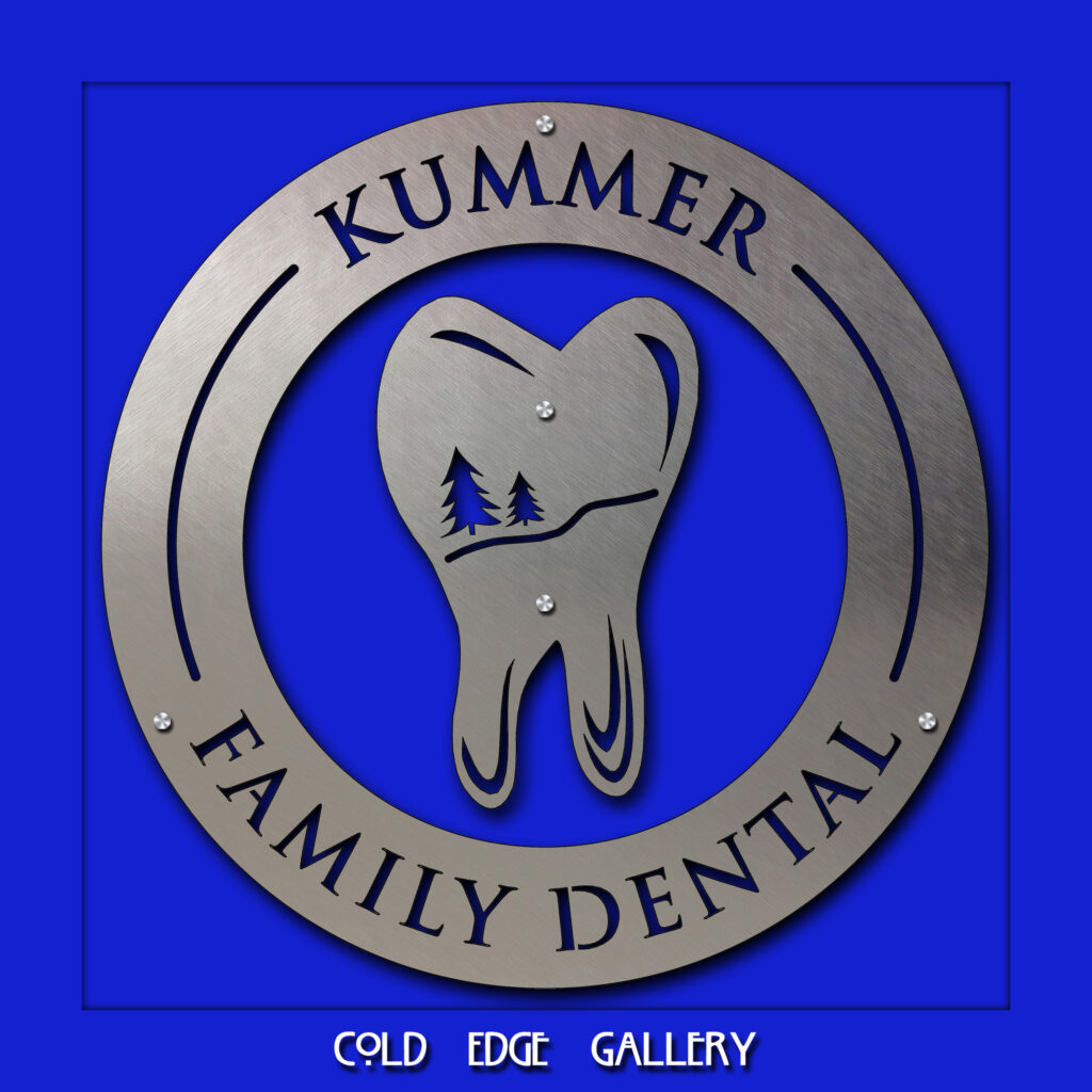 custom-sign-for-dentists-office-8 Metal sign displays "Kummer Family Dental" with a tooth graphic and trees on a blue background.