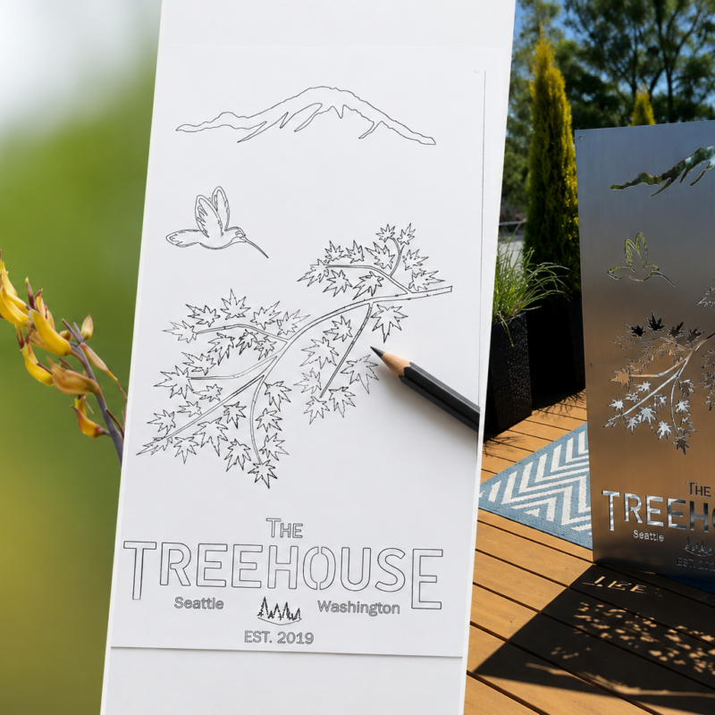 Hummingbird, sketch, and finished metal sign showing “The Treehouse” design with mountain, bird, leafy branch, and “Seattle Washington Est. 2019” text.