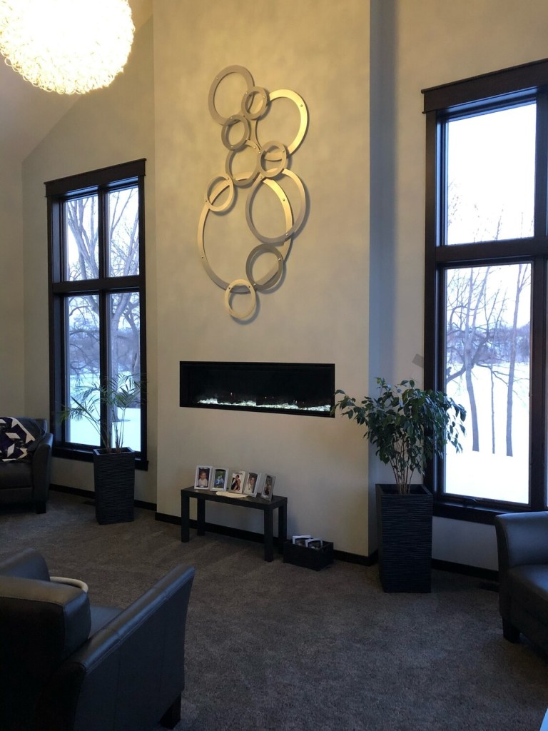 Modern living room features circular wall art, a fireplace, and potted plants beside large windows.