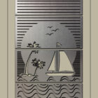 Metal wall art features a sunset, palm trees, a sailboat, and waves. Text at the bottom reads "Cold Edge Gallery.