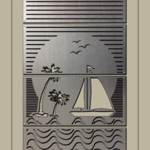 Metal wall art features a sunset, palm trees, a sailboat, and waves. Text at the bottom reads "Cold Edge Gallery.