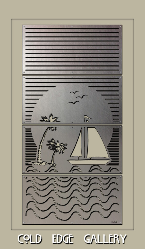Metal wall art features a sunset, palm trees, a sailboat, and waves. Text at the bottom reads "Cold Edge Gallery.