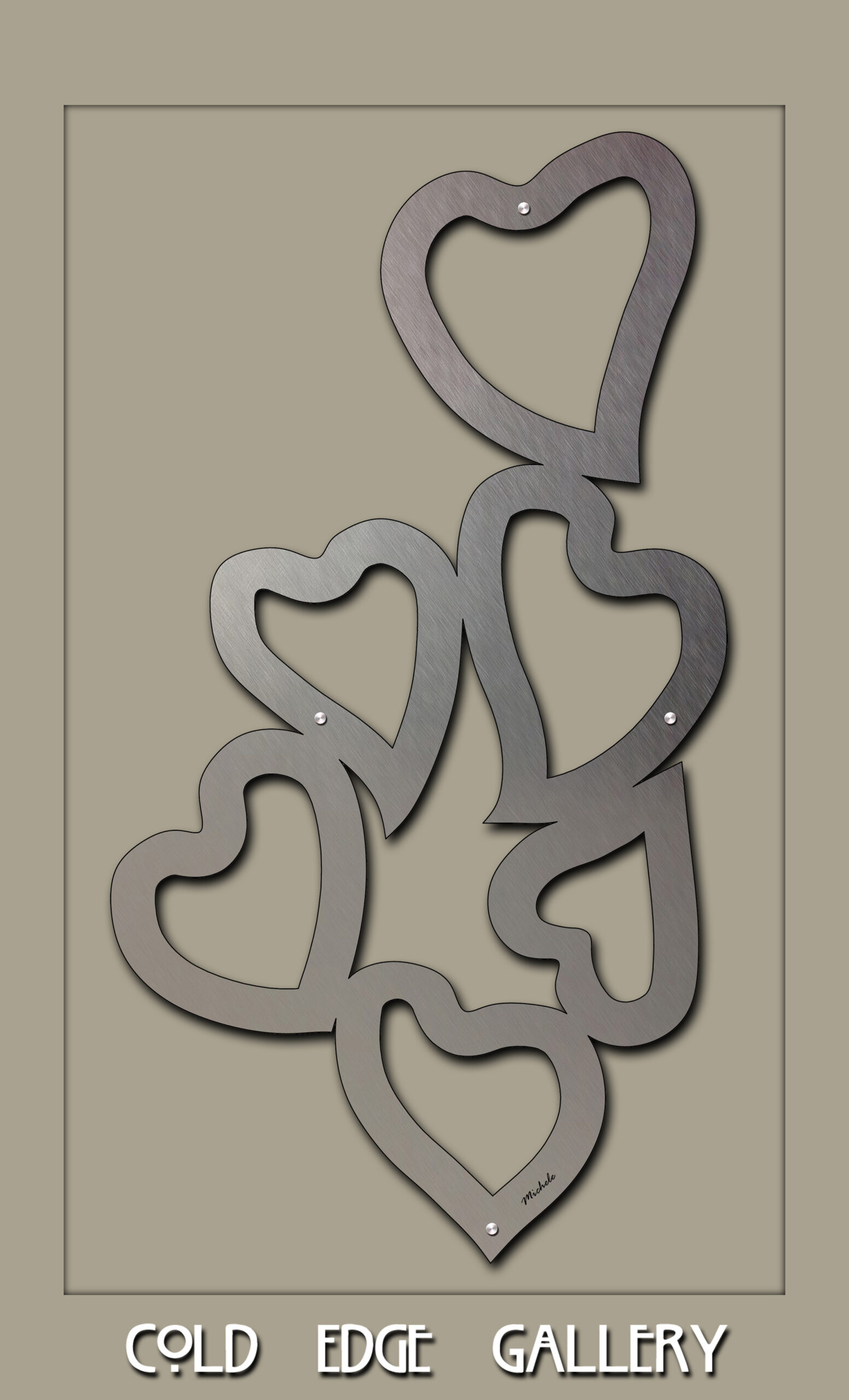Metal heart shapes overlap on a taupe background, with "COLD EDGE GALLERY" text below.