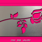 Metallic rose silhouette on a brushed silver background, framed by bright pink. Text at the bottom reads "COLD EDGE GALLERY.