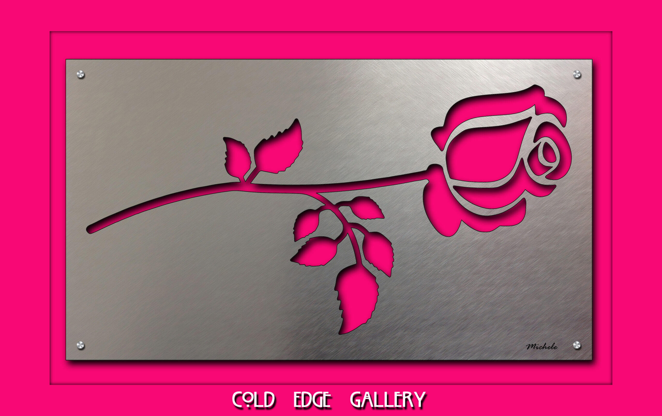 Metallic rose silhouette on a brushed silver background, framed by bright pink. Text at the bottom reads "COLD EDGE GALLERY.