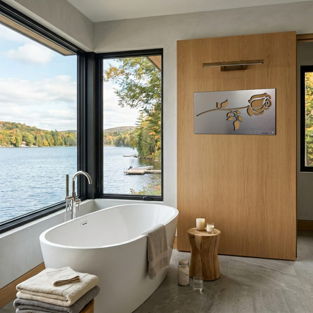 A modern bathroom features a freestanding tub, large windows, and a wooden door with a rose design.