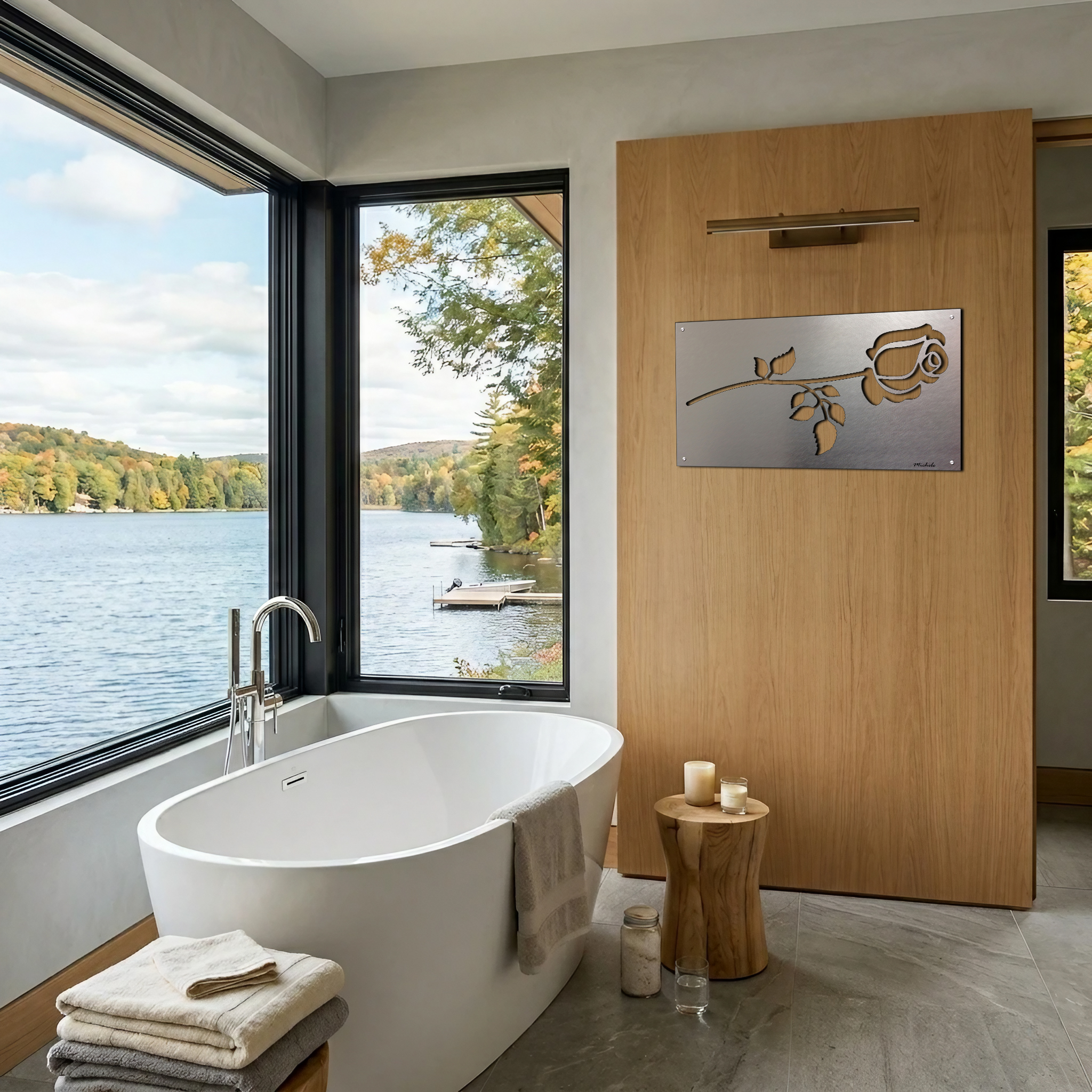rose-1 4-24-26 complete A modern bathroom features a freestanding tub, large windows, and a wooden door with a rose design.