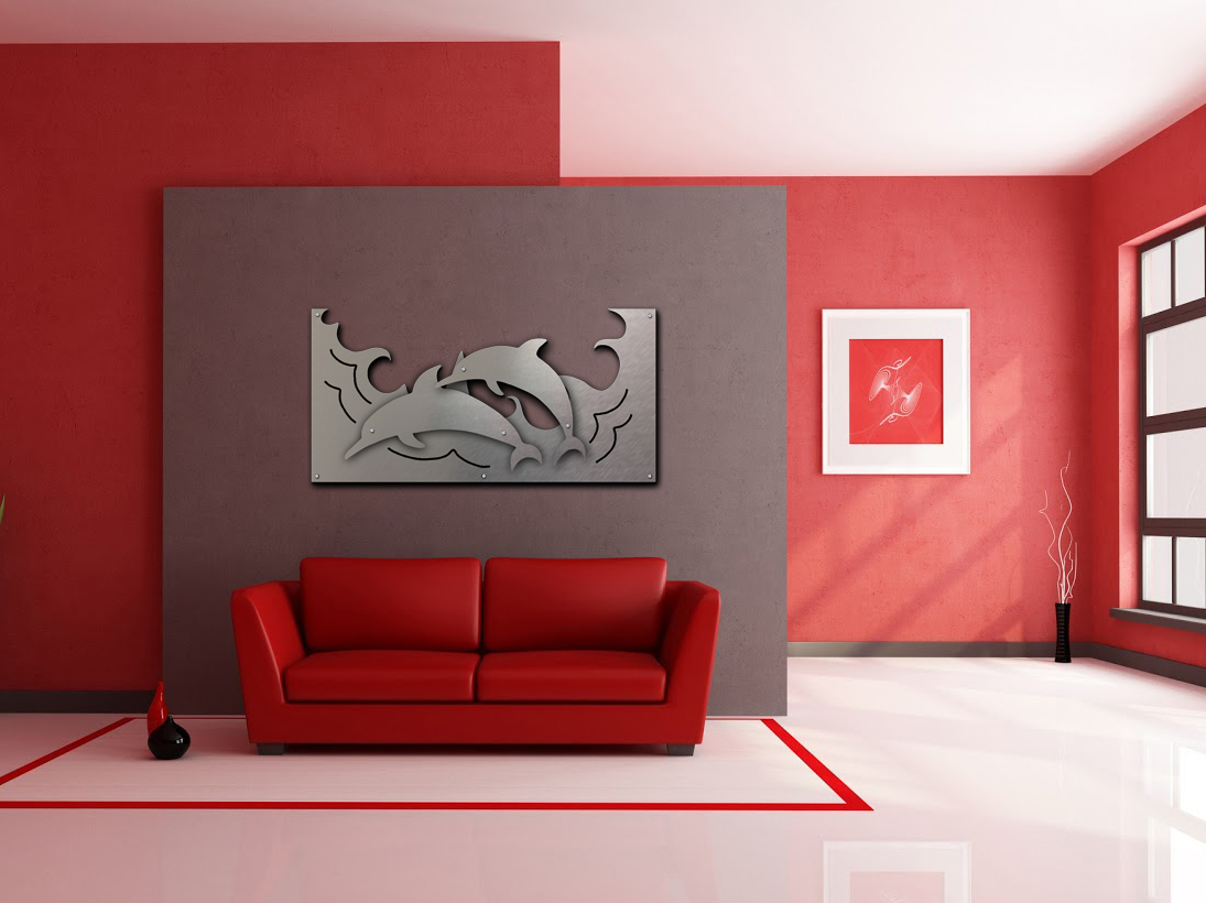 A red living room features a sleek dolphin wall art above a red sofa, with a framed artwork nearby.