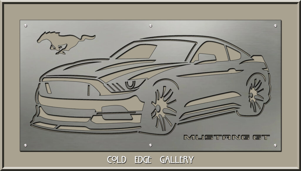 2015 mustang gt-14 5-16-26 taupe Metal artwork of a 2015 Mustang GT with a galloping horse logo above. "Cold Edge Gallery" is inscribed below.