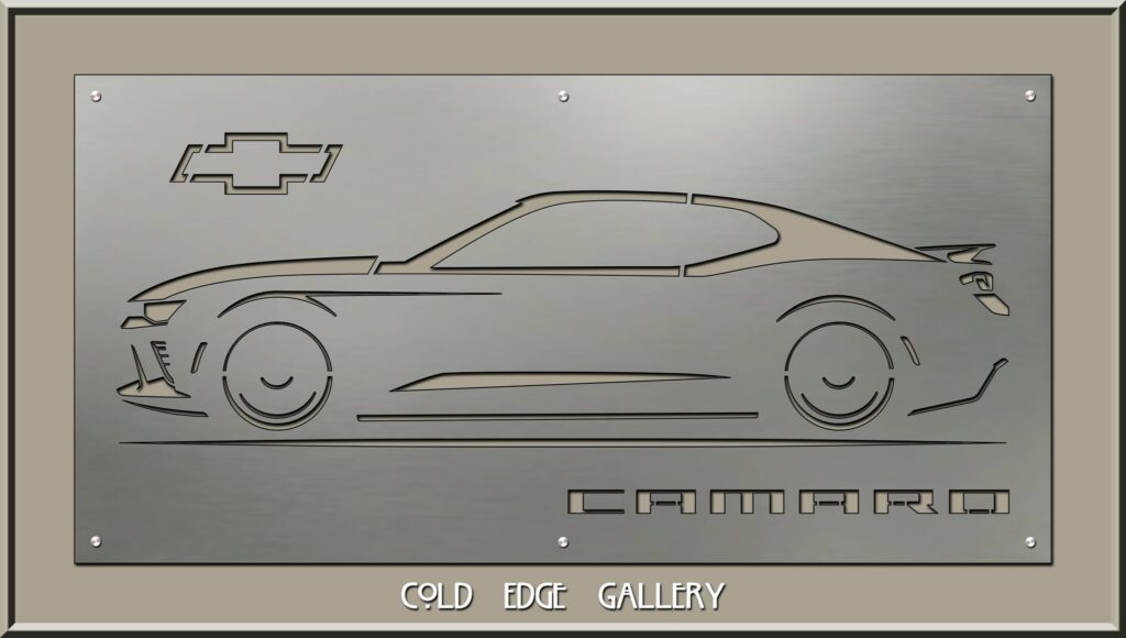 2024 Camaro-8 5-17-26 taupe Metal plaque featuring a side silhouette of a 2024 Camaro with the Chevrolet logo and "CAMARO" text.