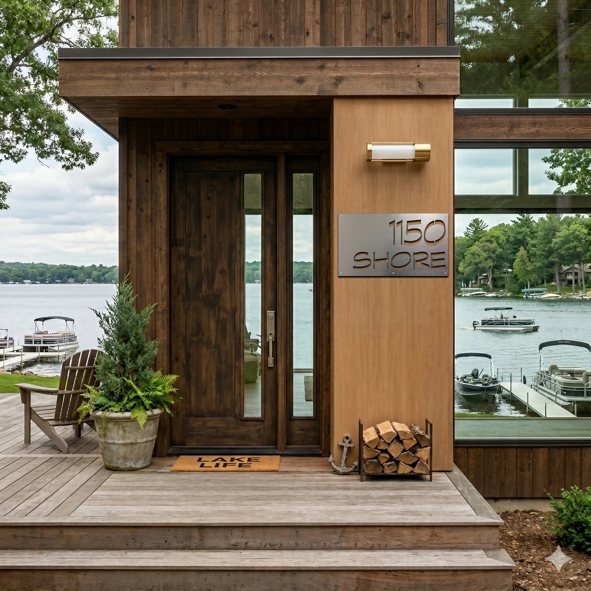 Modern wooden entrance with a sign reading "1150 SHORE," lake view, and decorative plants.