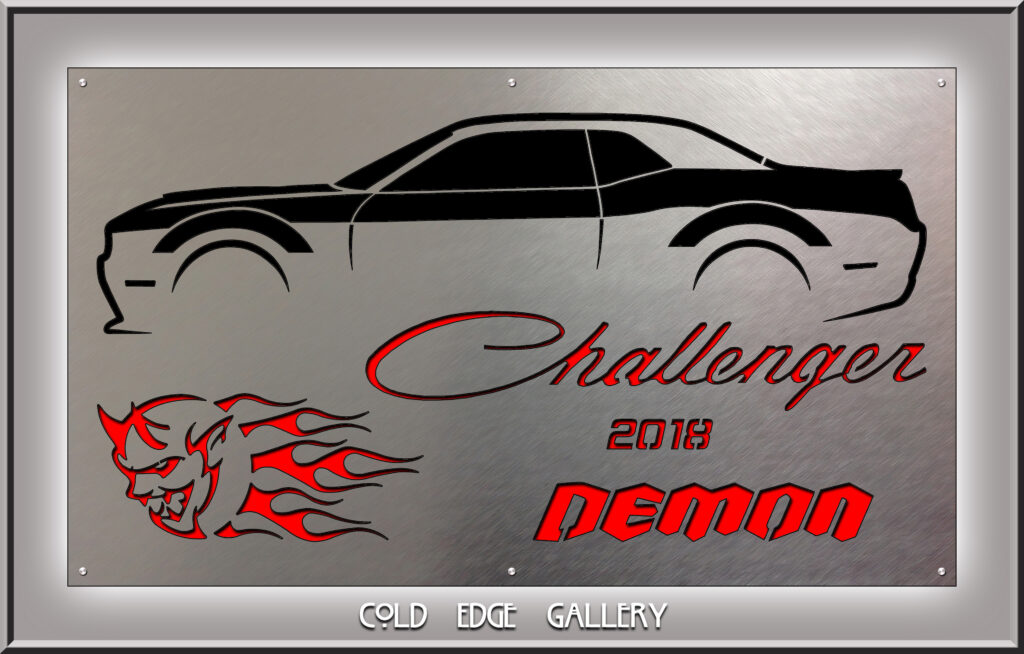 Bonnie 2018 challenger-25 demon mine 11-29-25 complete Silhouette of a 2018 Dodge Challenger with "Demon" and flames graphic design.