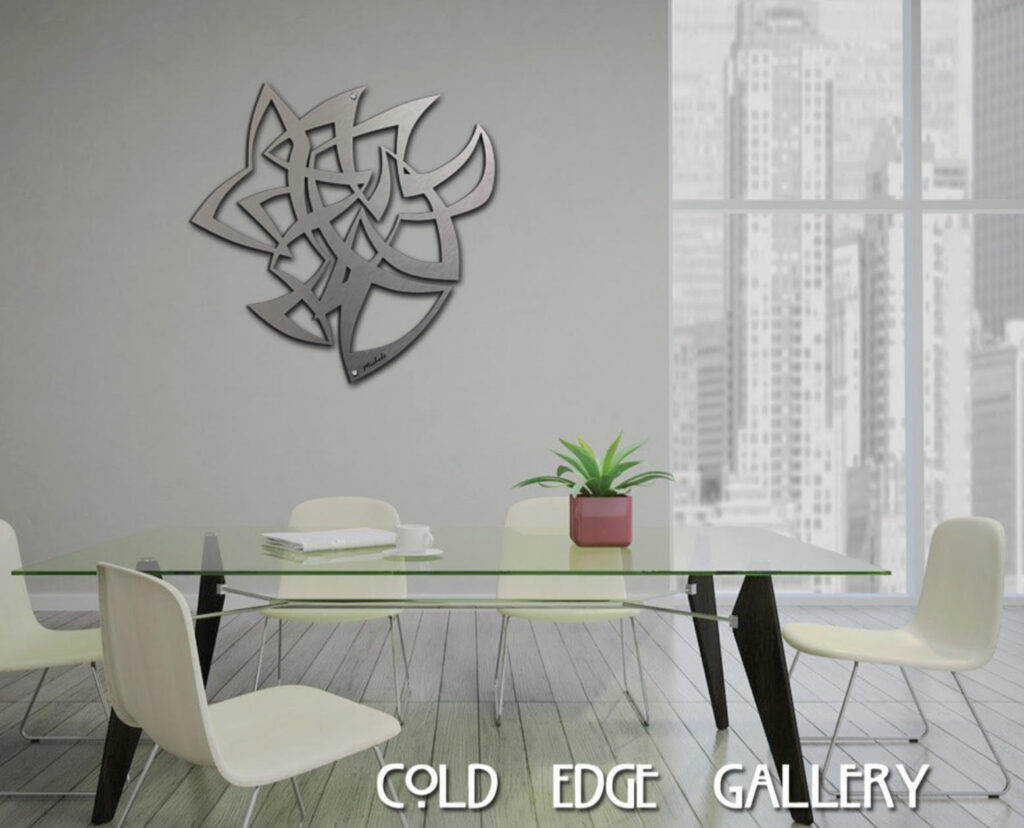 Modern office space features a glass table, white chairs, a potted plant, and abstract wall art.