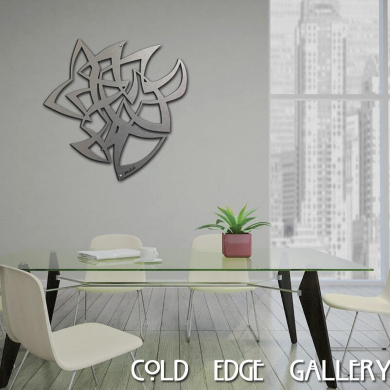 Modern office space features a glass table, white chairs, a potted plant, and abstract wall art.
