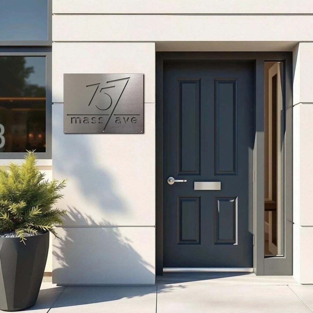 address sign-3 4-26-26 Sign displays "757 mass ave" next to a dark door and a potted plant.