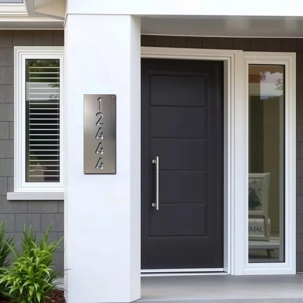 address sign-7 4-26-26 Modern front door with a sleek handle and a metal address sign displaying "12444." Green plants nearby.